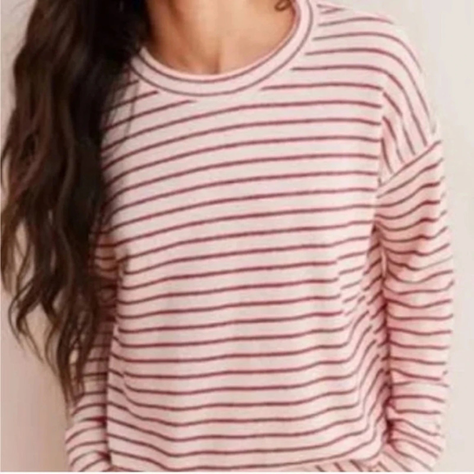 Aerie French Terry Striped Sweatshirt Women's L Red White Oversized Cozy Casual